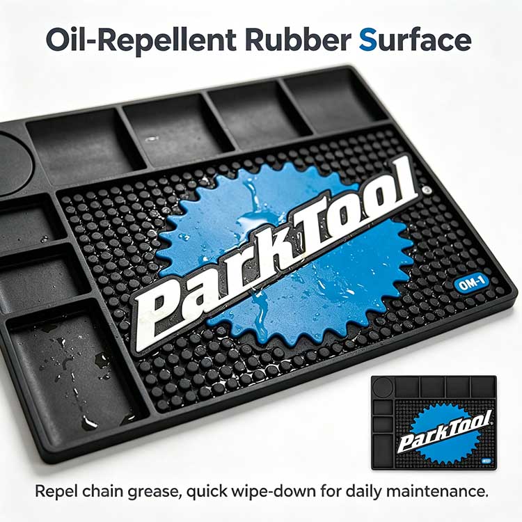 Oil-repellent rubber bicycle tool mat showing water beading on the surface