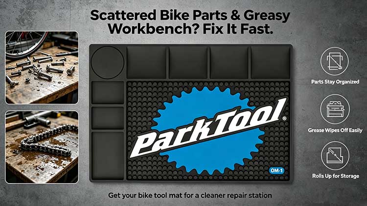Heavy-duty non-slip bicycle tool mat with multi-slot storage and circular studded grip.