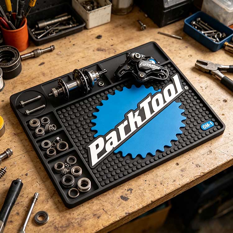 Bicycle tool mat organizing bearings, derailleur pulleys, and bolts on a mechanic's workbench.