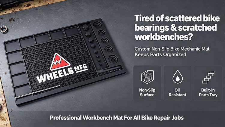 Heavy-duty bike mechanic workbench mat keeping ball bearings and small parts organized in a professional workshop.