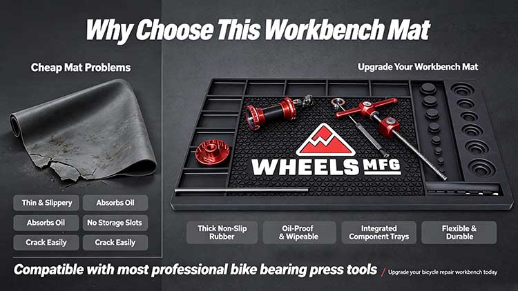 Comparison infographic showing why choose this heavy-duty rubber workbench mat over cheap thin mats that absorb oil and crack easily