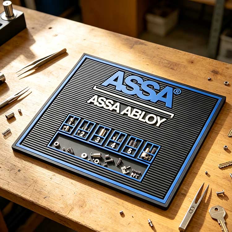 Custom Rekey Mat with integrated pinning block and labeled sorting slots for locksmith pin storage