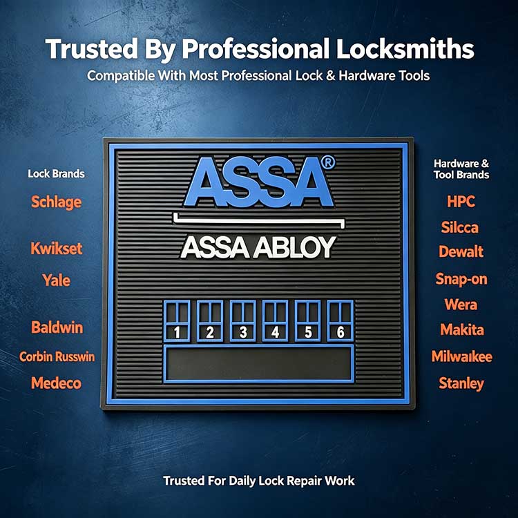 1:1 brand wall photo of custom Rekey Mat surrounded by compatible industry leading lock brands Schlage Kwikset GMS Lock