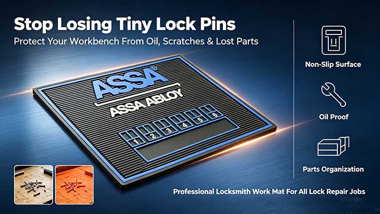 Custom silicone Rekey Mat laid on locksmith workbench holding scattered lock pins for US UK professional shops