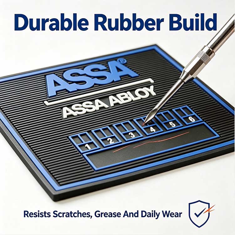 Side-by-side comparison poster of custom silicone Rekey Mat vs thin generic slippery locksmith bench pad