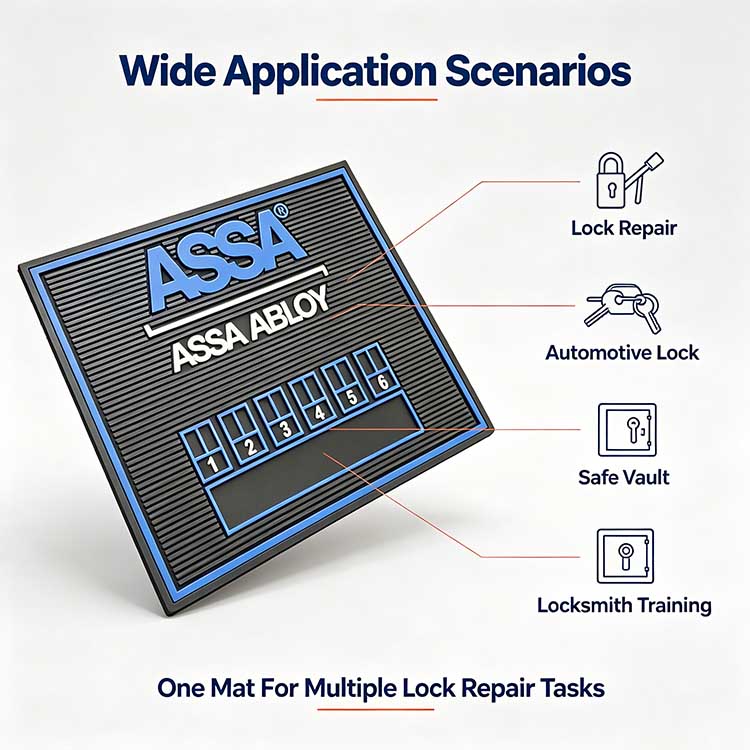 Collage photo showing custom Rekey Mat used in locksmith shops, auto locksmith vans, training schools and wholesale supply warehouses