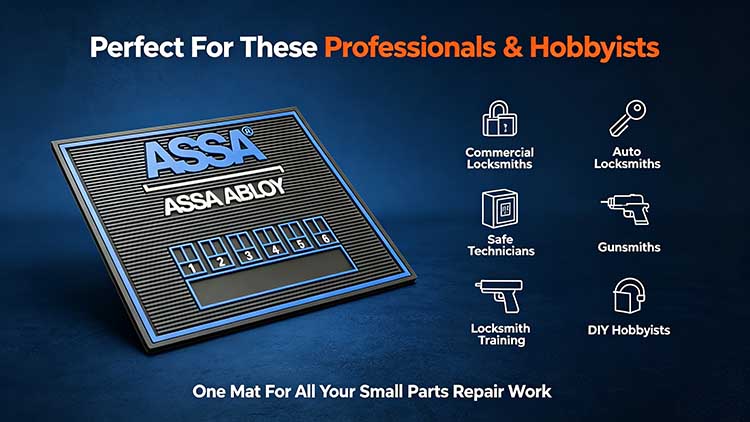 Custom silicone Rekey Pinning Mat banner showing target users: commercial, auto & safe locksmiths, gunsmiths, trainees and DIY hobbyists