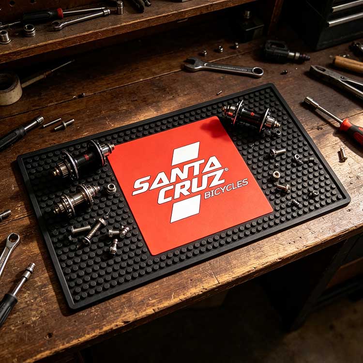 Heavy-duty rubber benchtop mat resting on a wooden workshop table, holding bicycle hub components and repair tools safely