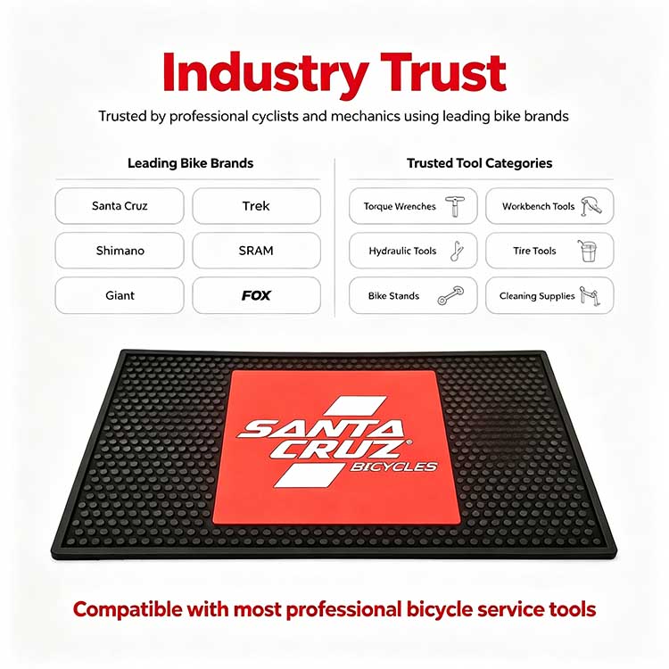 Custom benchtop mat is compatible with bikes and tools from major brands like Santa Cruz, Trek, Shimano, and SRAM.