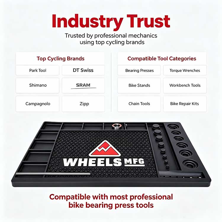 Industry trust graphic showing the workbench mat is compatible with tools from major cycling brands like Park Tool, Shimano, and SRAM