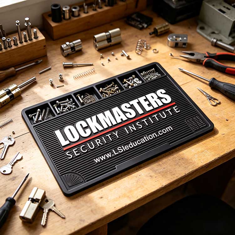 Silicone lock pinning tray placed on locksmith workbench for daily lock rekey part sorting
