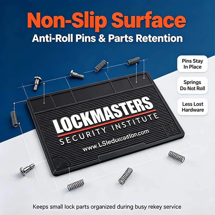 Striped non-slip silicone lock pinning tray prevents lock pins rolling for locksmith workshop use