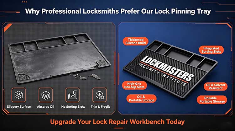 Side by side comparison silicone lock pinning tray vs generic thin oil absorbent locksmith mat