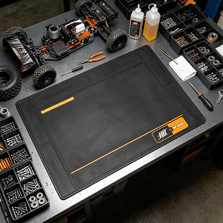 Large workspace pit mat supporting full chassis for RC maintenance