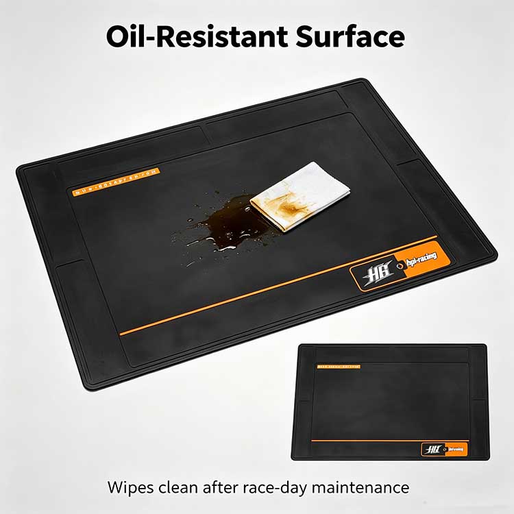 Oil-resistant pit mat repelling nitro fuel and motor oil