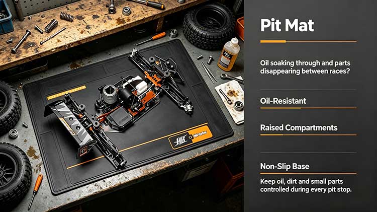Heavy-duty pit mat with raised compartments for RC racing maintenance