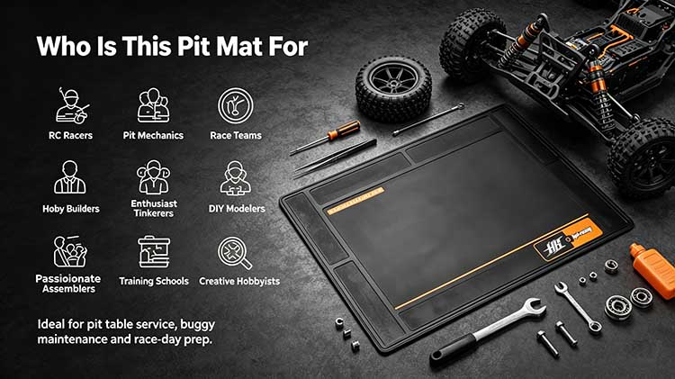 Pit mat designed for racers, pit mechanics, and hobbyists
