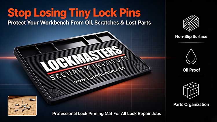 16:9 professional lock pinning tray banner with striped non-slip surface and reserved logo area for US UK locksmith workshop rekey repair