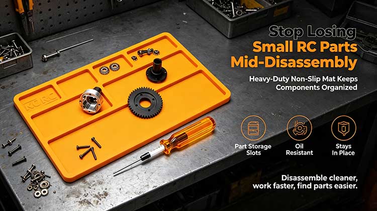 Heavy-duty silicone RC disassembly mat with storage slots for gears and bearings.