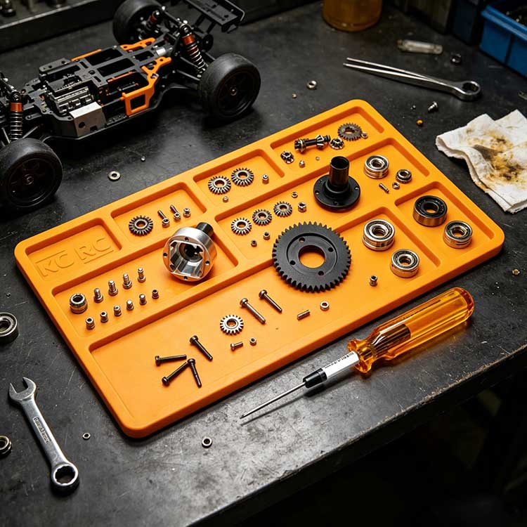 Orange silicone RC disassembly mat holding gears and bearings in a professional workshop setup.