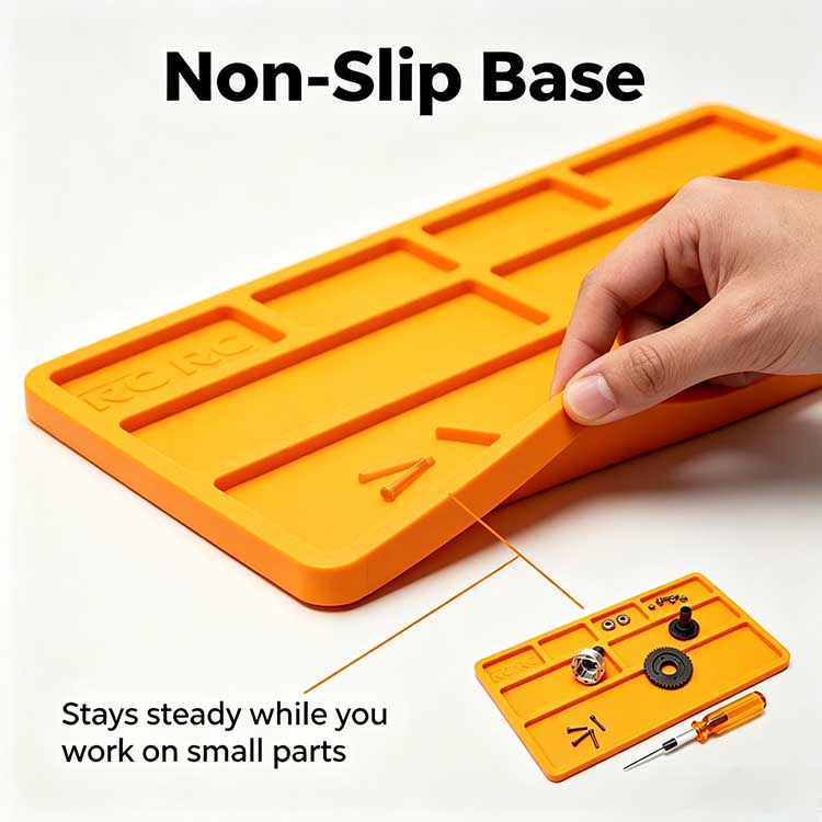 Non-slip RC disassembly mat base holding firmly on a smooth workbench.