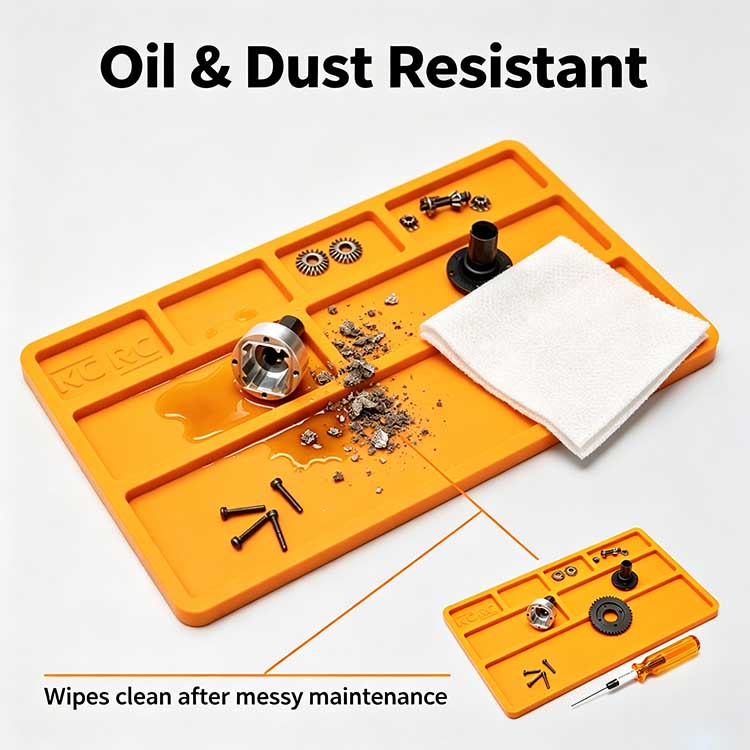 Oil and dust resistant RC disassembly mat repelling grease during maintenance.