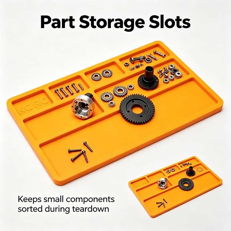 RC disassembly mat with segmented storage slots for gears, bearings, and screws