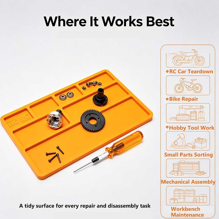 Multi-scenario RC disassembly mat used for RC car bike and drone repairs.