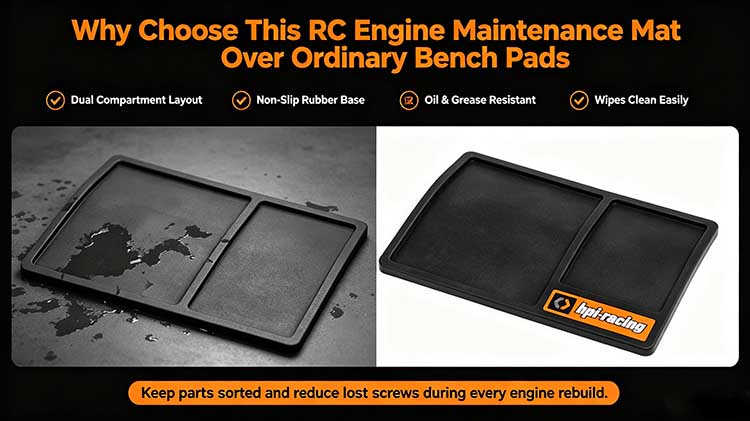 Comparison of premium dual-compartment RC engine mat versus ordinary flat trays