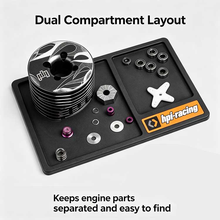Dual-compartment rubber RC engine mat separating bulk heads from small screws