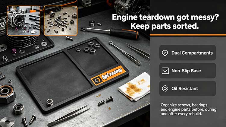 Dual-compartment non-slip RC engine mat organizing nitro engine parts on a pit table