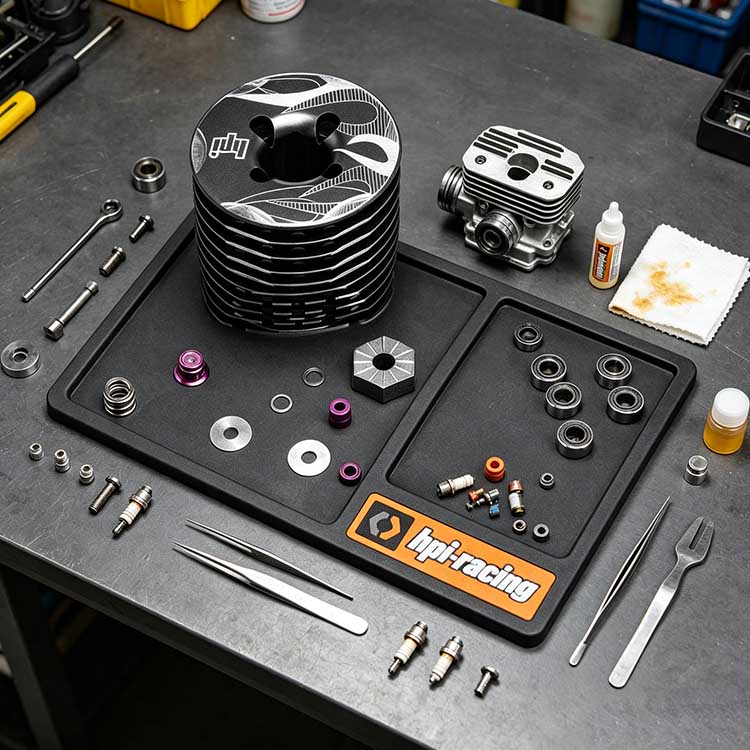Real-world rubber RC engine mat organizing cooling heads, bearings, and tools during nitro rebuild