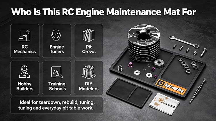 RC engine mat designed for mechanics, pit crews, hobby builders, and modelers