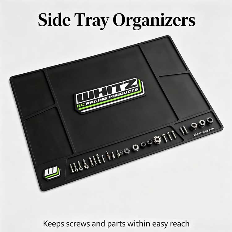 Raised-edge side trays on an RC mat organizing screws and nuts