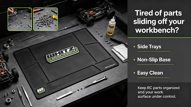 Non-slip RC mat with side organizer trays for hobby workbench assembly
