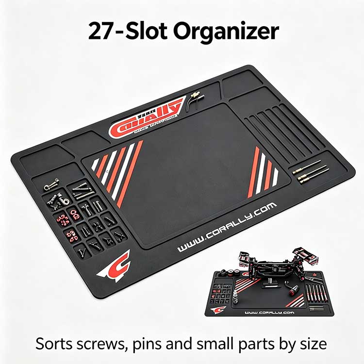 27-slot hardware organizer on an RC pit mat sorting screws and pins