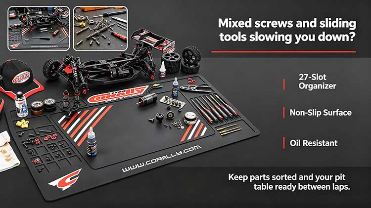 Heavy-duty 27-slot RC pit mat organizing a full buggy chassis and tools for racing