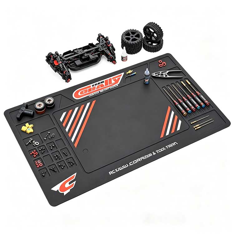 Clean overhead view of a 27-slot RC pit mat with tool slots and large central workspace