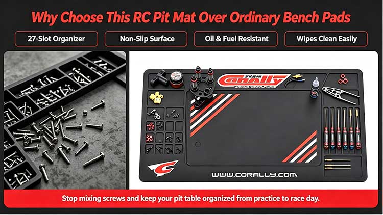 Comparison of 27-slot RC pit mat versus an ordinary flat desk pad