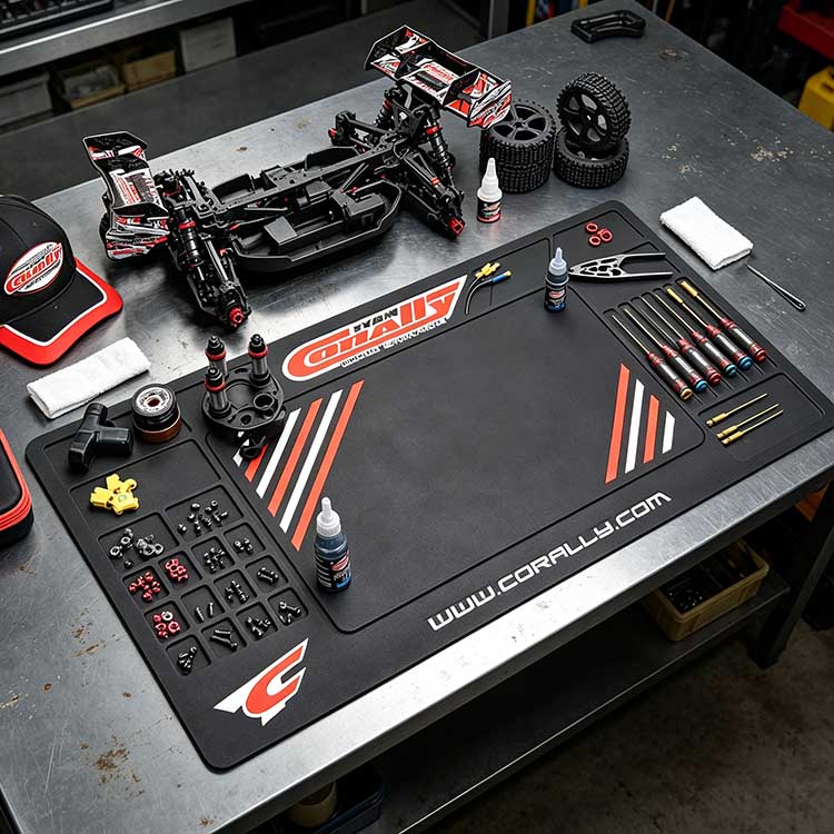 Massive central workspace on an RC pit mat supporting a full buggy chassis