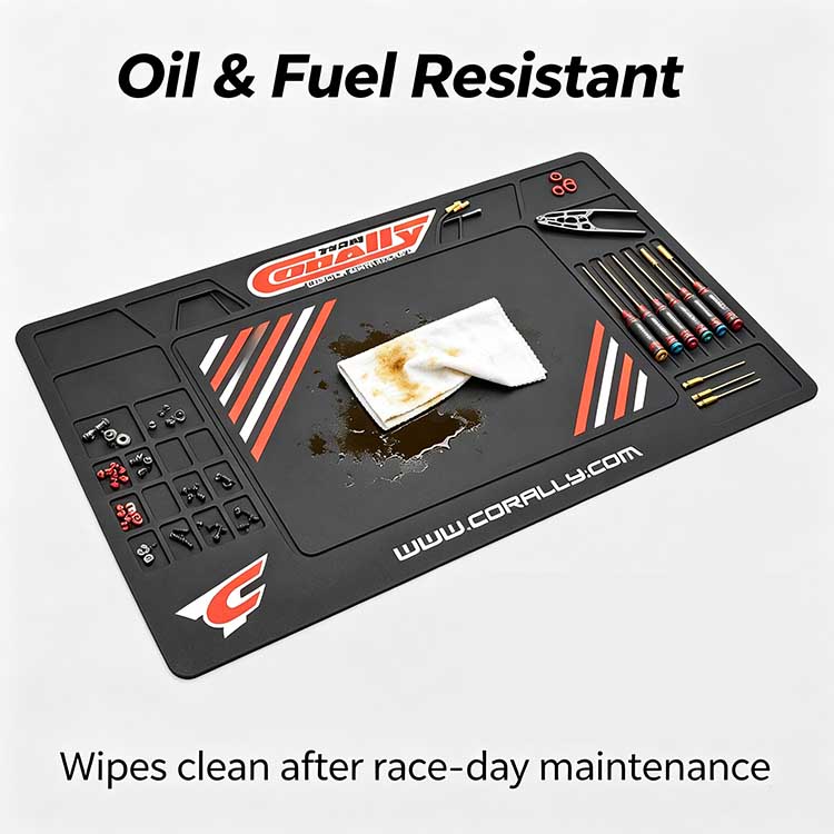 Oil and fuel-resistant rubber RC pit mat easily wiping clean after races