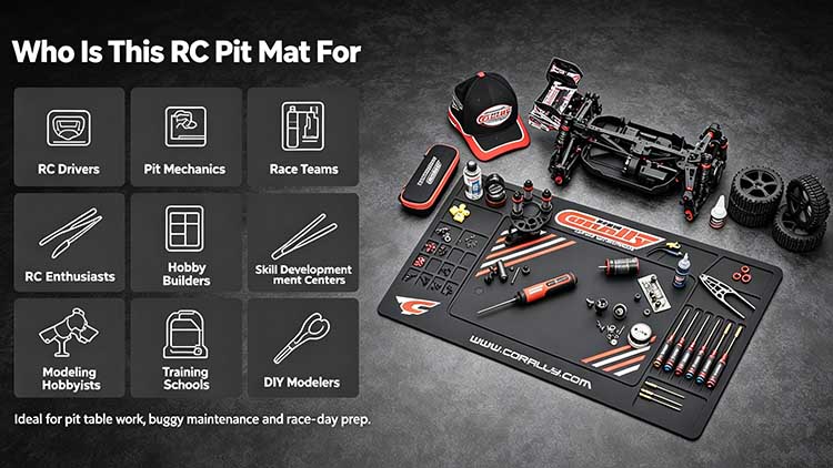 RC pit mat designed for drivers, pit crews, hobby builders, and training schools