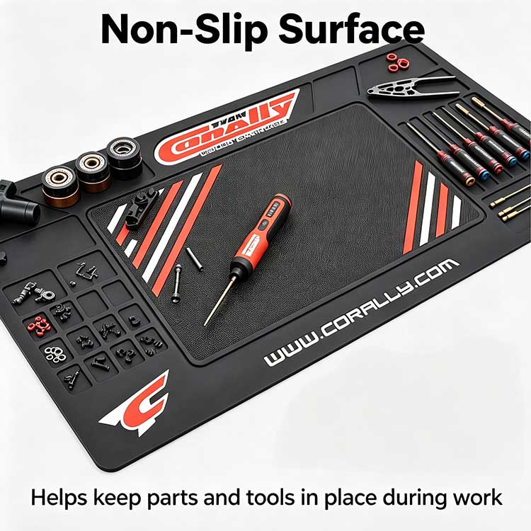 Hex driver slots on a rubber RC pit mat preventing tools from sliding