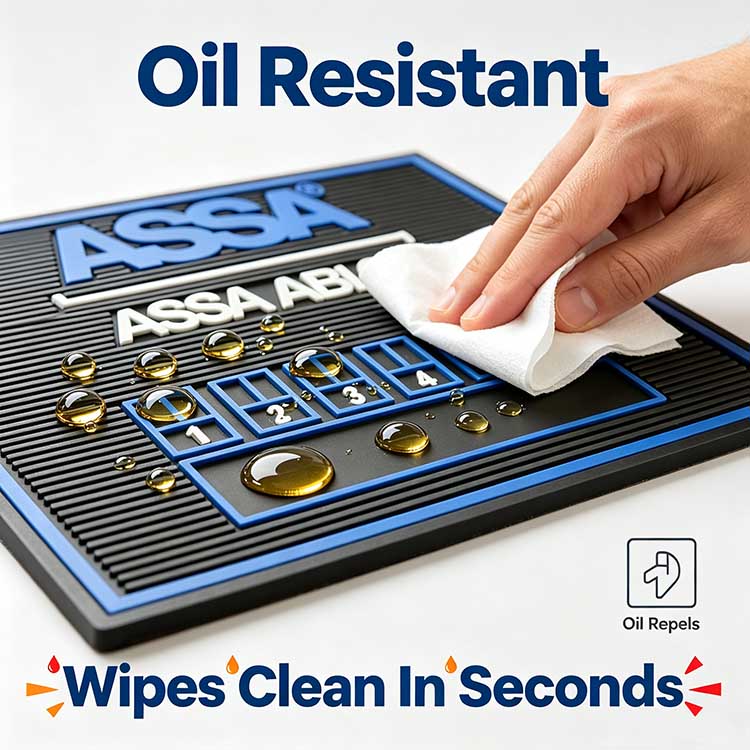 Heat and oil resistance test of silicone custom Rekey Mat with hot lock cylinder and workshop machine oil