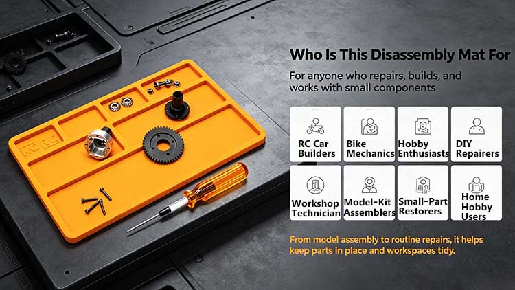 Disassembly mat for RC car builders bike mechanics and workshop technicians.