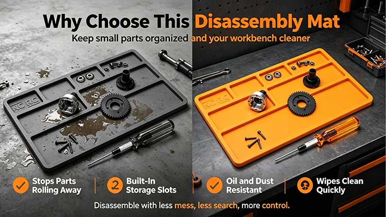 Comparison of EVA pit mat versus heavy-duty silicone RC disassembly mat.