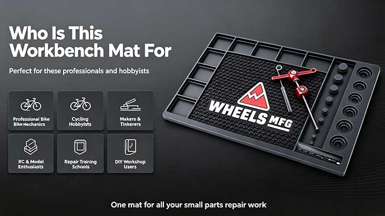 Target audience infographic showing the workbench mat is used by professional bike mechanics, RC enthusiasts, DIY workshop users, and repair training schools