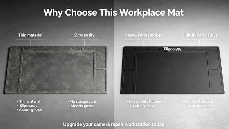 Comparison of heavy-duty workplace mat with storage versus basic thin desk pads.