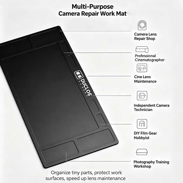 Versatile workplace mat for camera repair shops, cinematographers, and lens hobbyists.