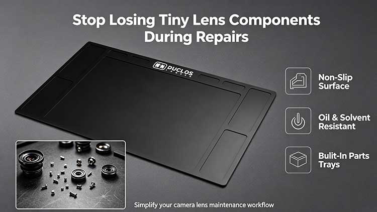 Professional workplace mat keeping small camera lens screws organized during repairs.